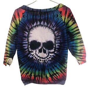 Skull  Tie Dye Peasant Lace Up Top Halloween Soft Jersey-type Material Small